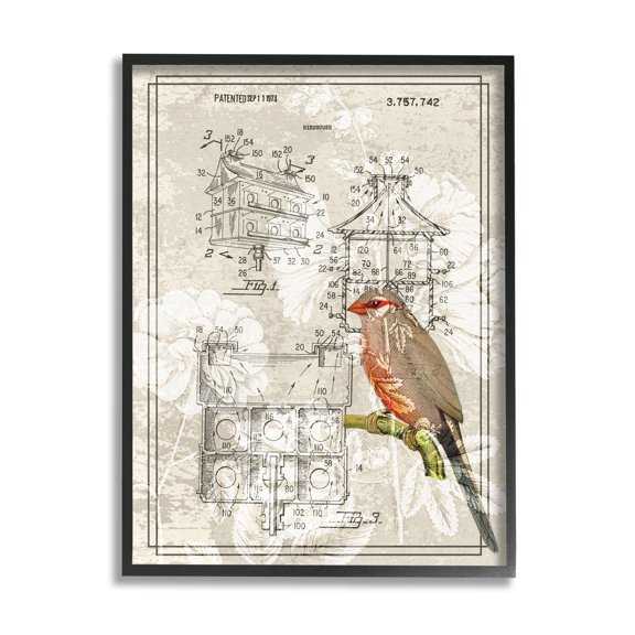 Stupell Industries Vintage Bird House Figure Patent Garden Finch Illustration, 24 x 30, Design by Daphne Polselli