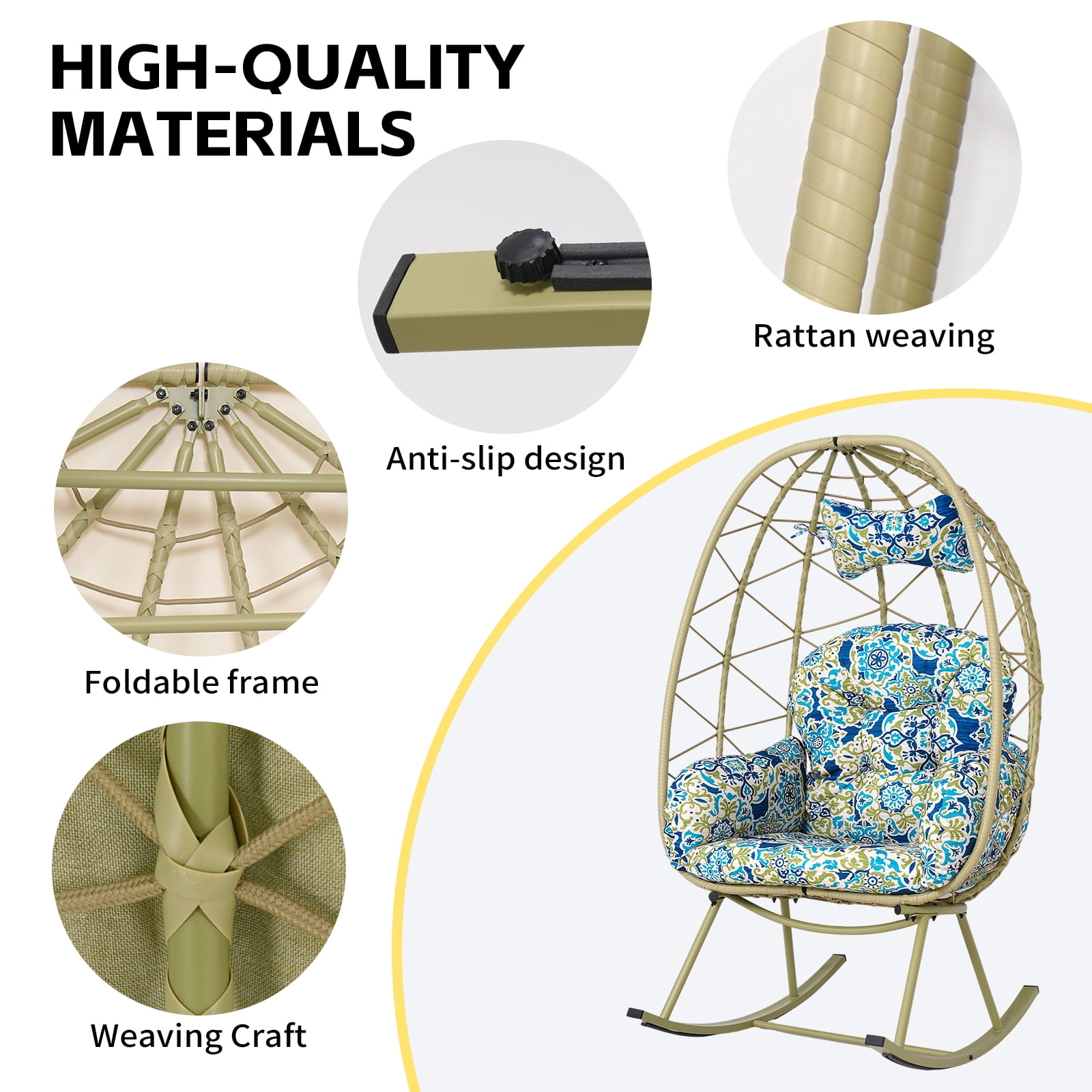 330LBS Foldable PE Wicker Egg Rocking Chair, Cocoon Lounge Rocker with Thick Cushion & Pillow, Weather Resistant Rattan Single Chair for Patio Balcony Bedroom Living Room Indoor Outdoor
