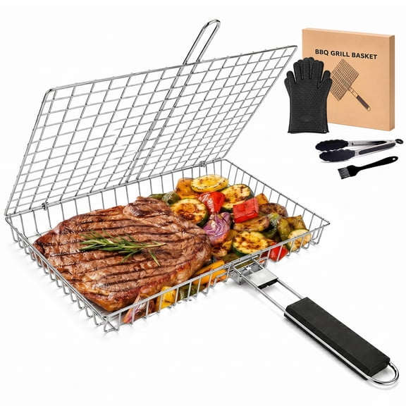 Grill Basket Set, Stainless Steel BBQ Basket with Folding Handle, Locking Grill Basket for Fish, Vegetables & Shrimp, Portable BBQ Accessories for Outdoor Grilling