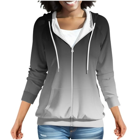 Women s Hoodies Fashion Gradient Color Womens Fleece Jackets Full Zip Up Darwstring Hoody Jackets Hooded Sweatshirt with Pockets Fall Winter Warm Hoodies Coats for Women black L