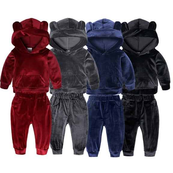 Godderr 2Pcs Kids Toddler Fleece Sweat Suits Set 9M-8Y Baby Tracksuit Ears Hooded Sweatsuits Sweatpants Outfits with Pockets Sweater Jogger Pants for Boys Girls