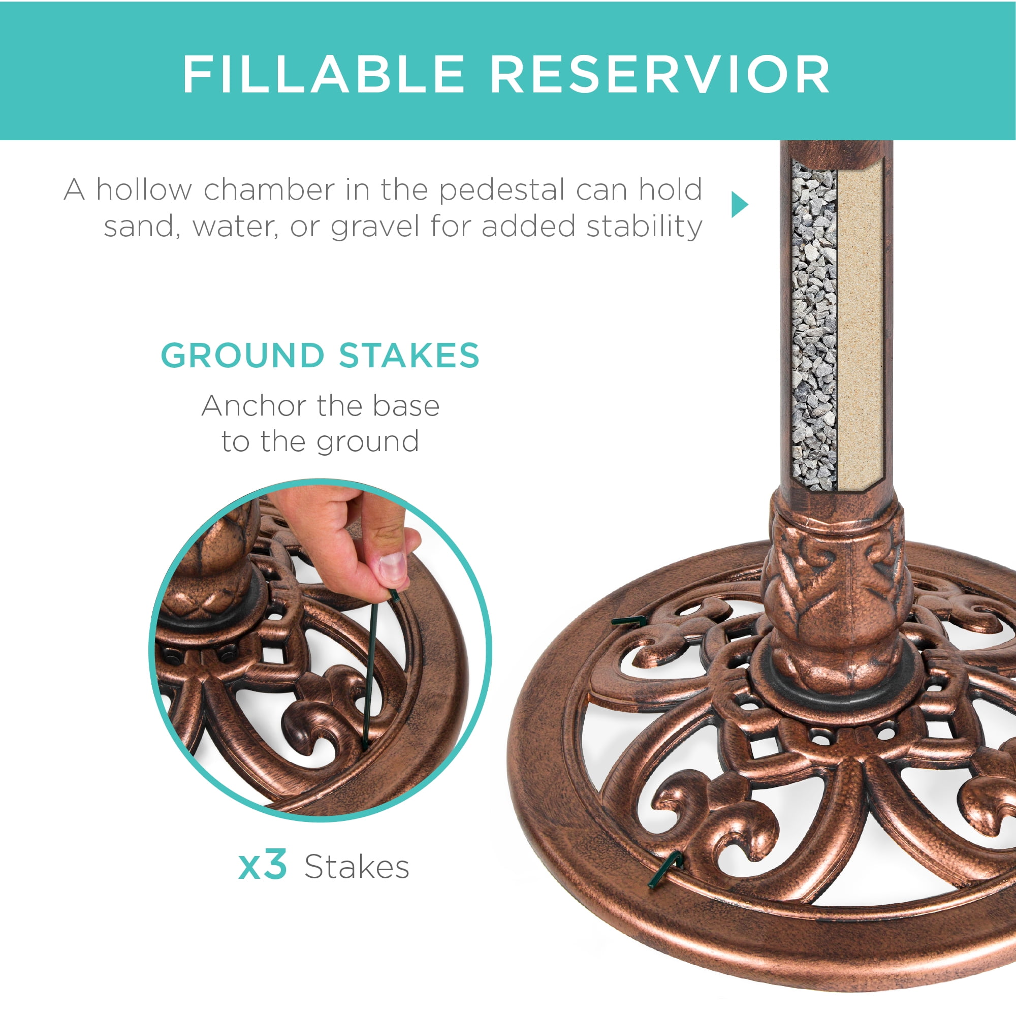 Best Choice Products Outdoor Rustic Pedestal Bird Bath Accent for Garden, Yard w/ Fleur-de-Lis Accents - Copper