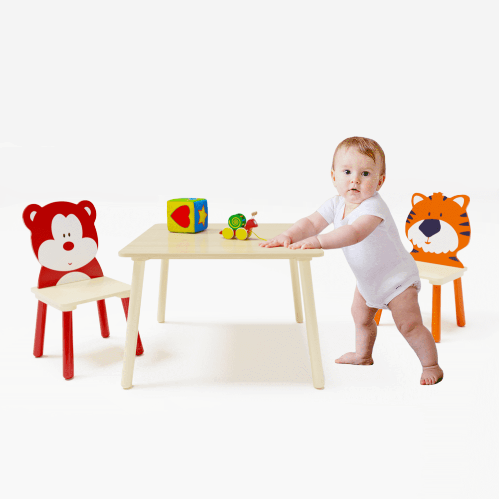 Hassch Children Kids Table and Chair Set (2 Chairs Included) - Ideal for Arts & Crafts, Snack Time, Homeschooling, Homework & More, Wooden Activity Play Table Set (Bear&Tiger)