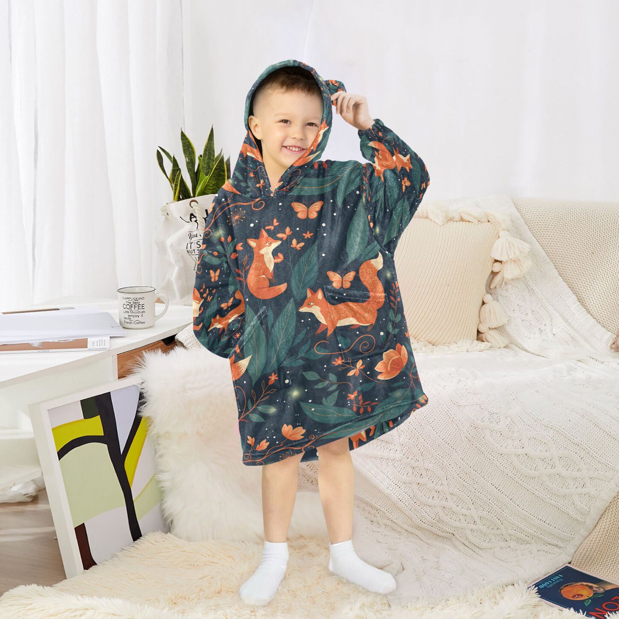 FORMRS Wearable Blanket Hoodie with Sleeves for Kids Cozy Flannel Sweatshirt, Whimsical Foxes Pattern