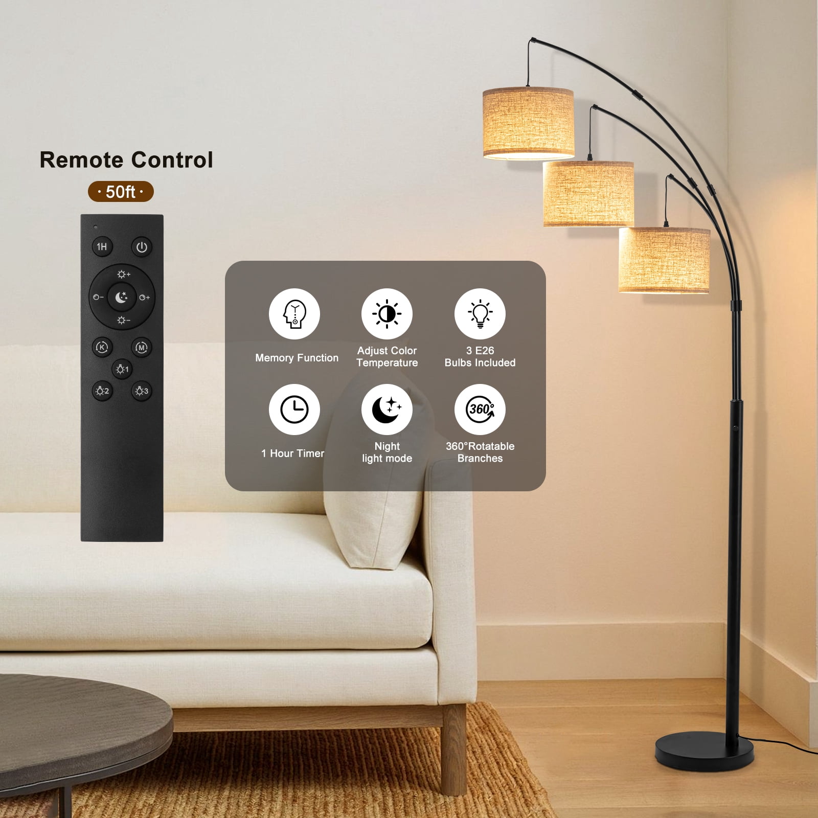 Netin 80” 3-Light Modern Dimmable Black Arc Floor Lamp with Beige Shades