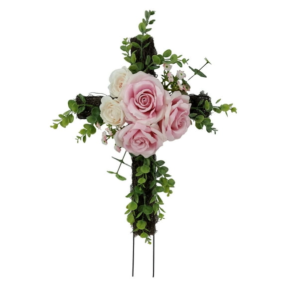 Mainstays 22 in Outdoor Twig Cross, Rose Flower, Pink Color