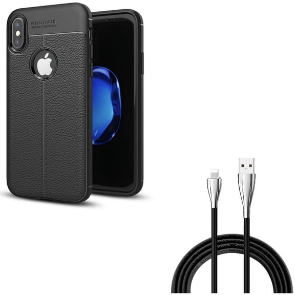 Case w 10ft USB Cable for iPhone XS/X - PU Leather Slim Fit Cover Reinforced Bumper Shock Absorbent, Charger Cord Power Wire Long Sync for iPhone XS/X