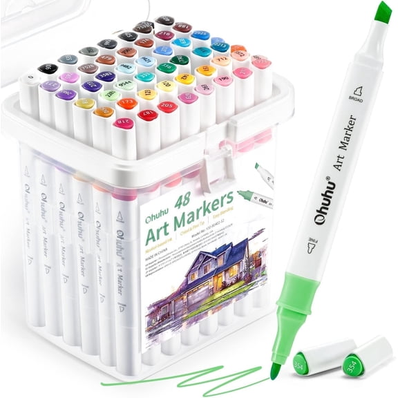 Ohuhu 48-Color Art Marker Set for Architectural Design & Landscape, Double-Tipped Alcohol-Based Markers with Chisel & Fine Tips for Artists and Students