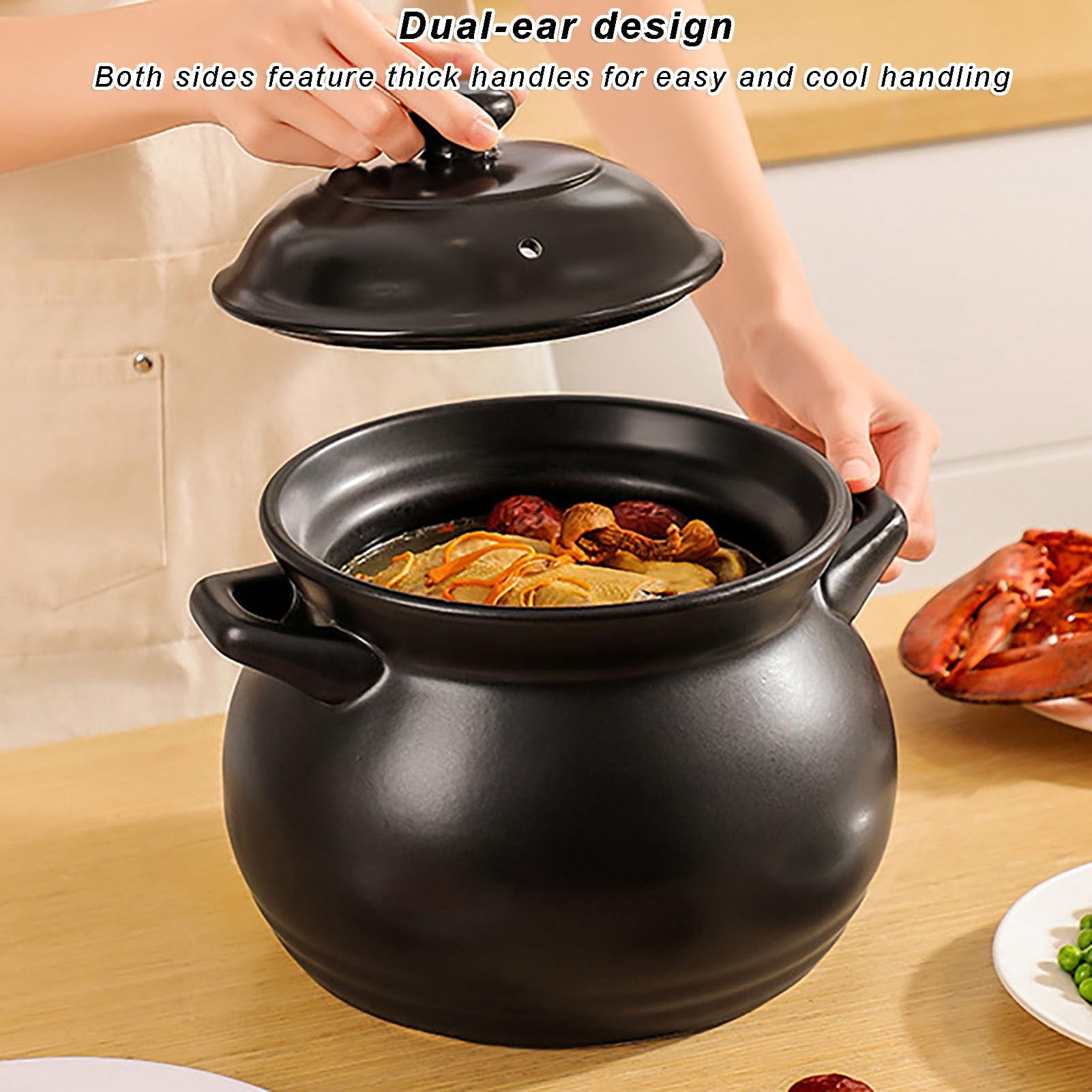 Large Cauldron Crock Pot, Glazed Ceramic Cooking Pot with Lid for Stovetop Soup, Stew and Porridge, Even Heating, Easy to Clean