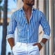thumbnail image 2 of Camisa de hombre a rayas de 9 colores, informal, de negocios, para exteriores, primavera y verano, camisa de manga larga con solapa, diseño de botones de moda, 5XL, 2 of 4