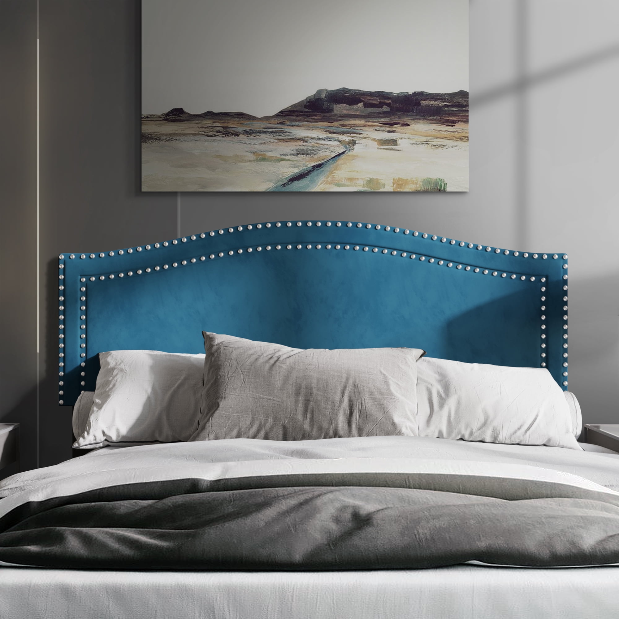 Castle Place Upholstered Nailhead Trimmed Headboard, Navy Blue Velvet, Queen