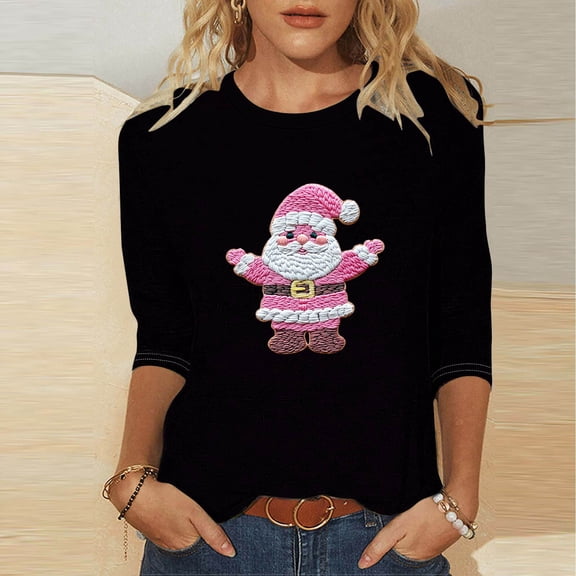 Mifsaly Plus Size Merry Christmas Santa T-Shirt Women 3/4 Sleeve Holiday Shirts Xmas Festival Tops Crewneck Loose Casual Pullover Vacation Party Blouse Gifts