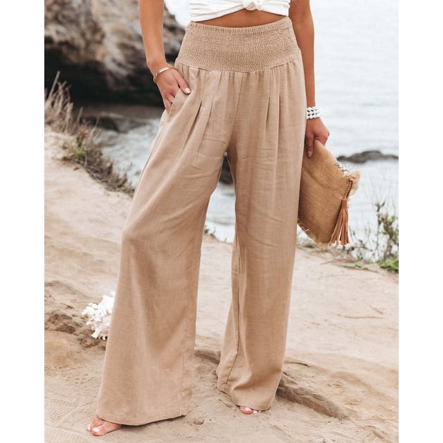 Pantalones holgados explosivos de algodón y lino de pierna ancha casuales de primavera y verano para mujer.