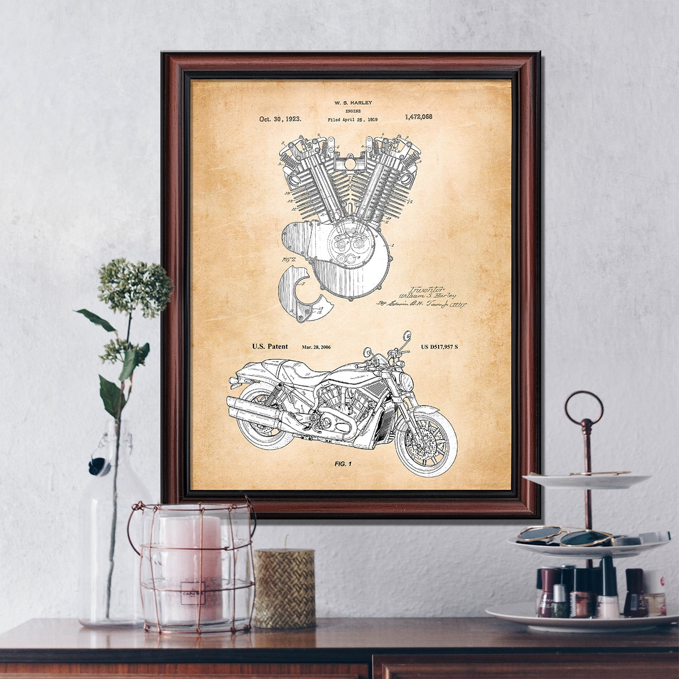 Harley Davidson Decor Framed Engine and 2006 Framed Motorcycle Patent Print, Unique Harley Davidson Wall Art, Garage Décor, Motorcycle Gifts For Men, 2137W