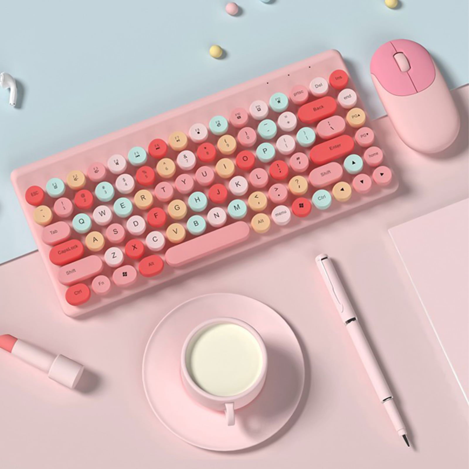 Wireless Keyboard and Mouse Combo, Retro Punk Round Keycap, for Windows/iOS/Linux PC Tablets