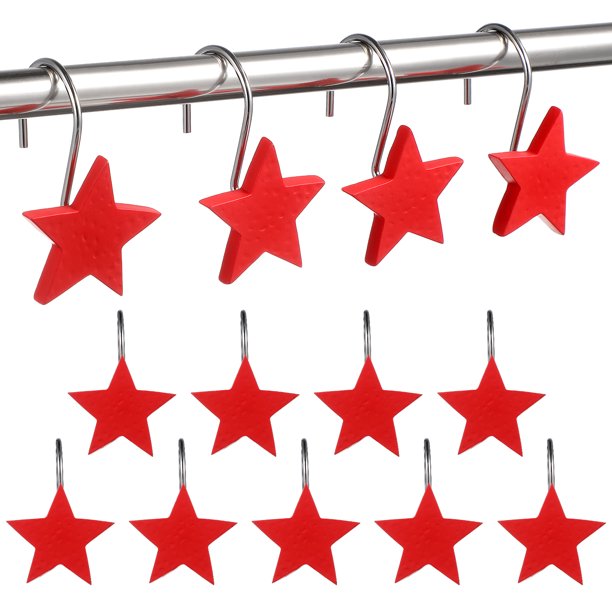12 ganchos de resina con forma de pentagrama para cortina de ducha, de metal, multicolores, con estrellas (rojos)