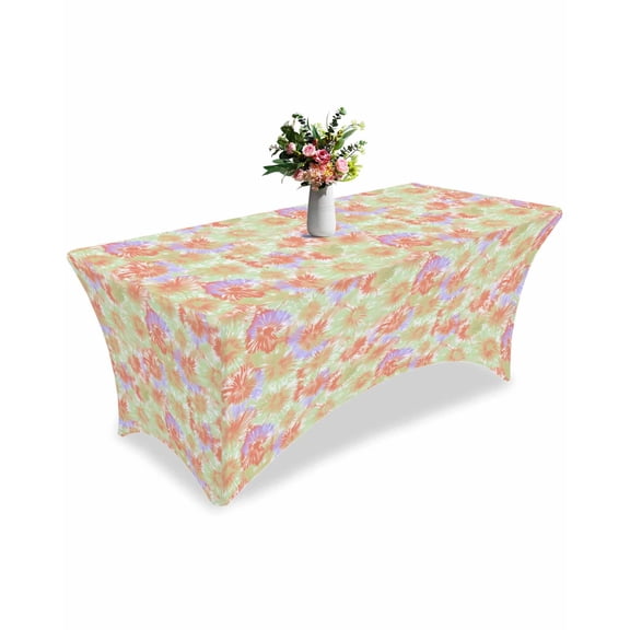 Fitted Tablecloth 6ft Orange Green Tie Dye Rectangular Tablecloths Stretch Spandex Table Cover Washable Elastic Ombre Boho Abstract Art Table Cloth Protector for Dinner Party Wedding Banquet