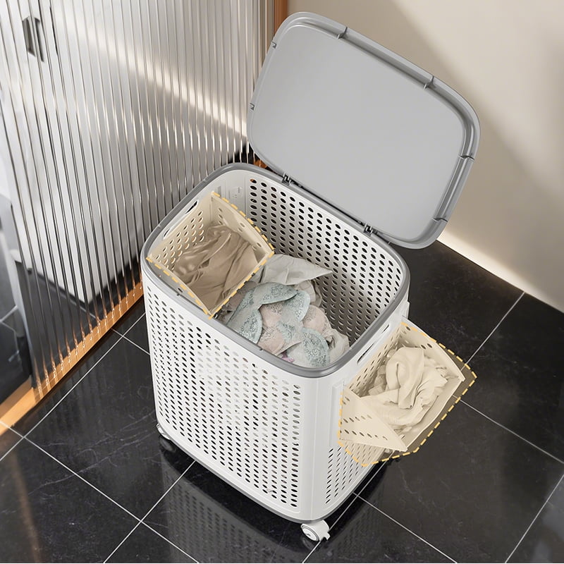 Laundry Hamper with Wheels and Built-in Side Baskets, Large Capacity Clothes Hamper Organizer with Ventilation, Mobile Storage for Bedroom Bathroom
