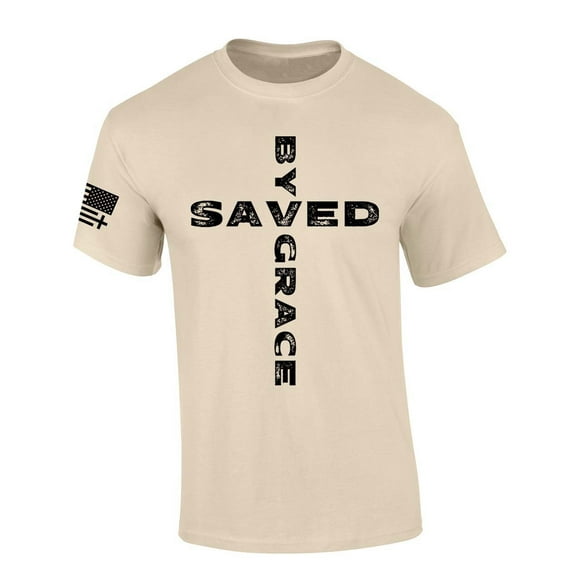 Trenz Shirt Company Mens Christian Tshirt Saved By Grace Cross Jesus Short Sleeve T-shirt Faith Tee-Sand-5xl