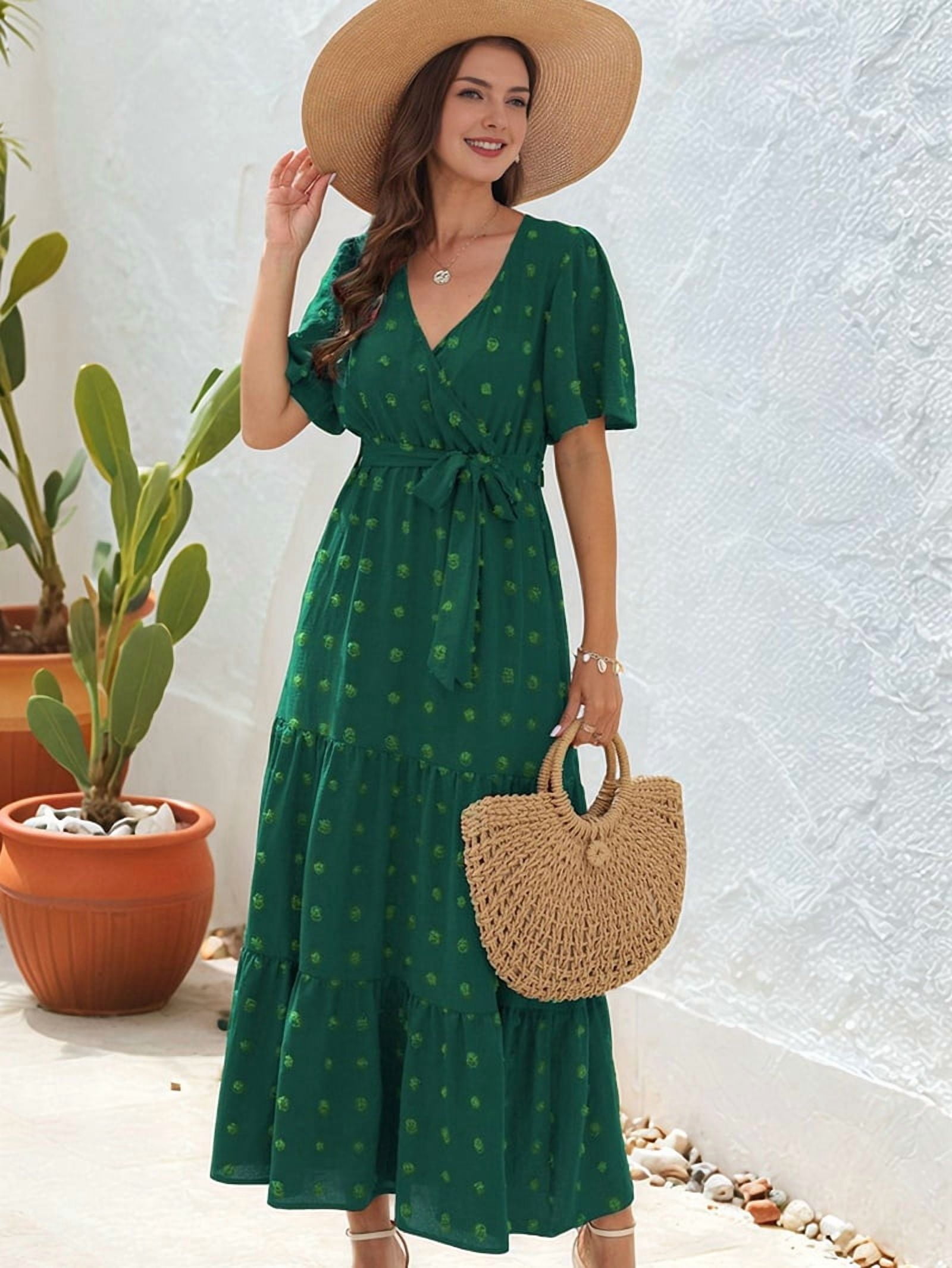 Boho Dot Summer Maxi Dresses for Women Wrap V Neck Short Sleeve Long Flowy Church Wedding Guest Dress Green L