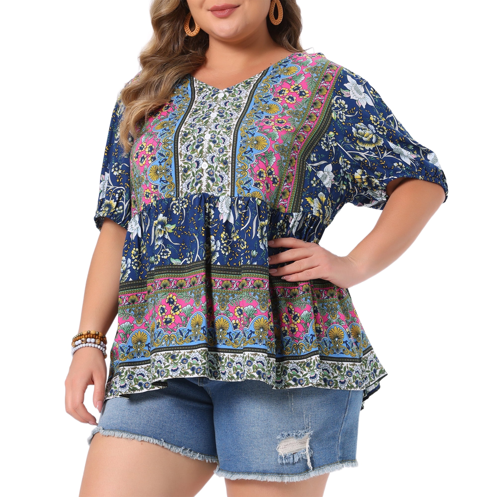 DARING DIVA Women's Plus Soft Boho Floral Print V Neck  Summer Blouses 2X Deep Blue