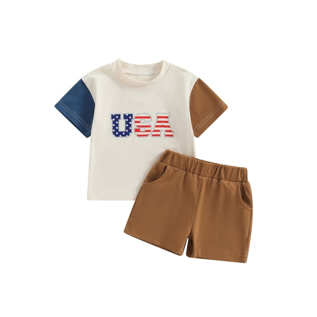 Independence Day Toddler Boys Suits Stars Stripe Letter Print Contrast Color Short Sleeve T-Shirts Tops and Shorts 2Pcs Set