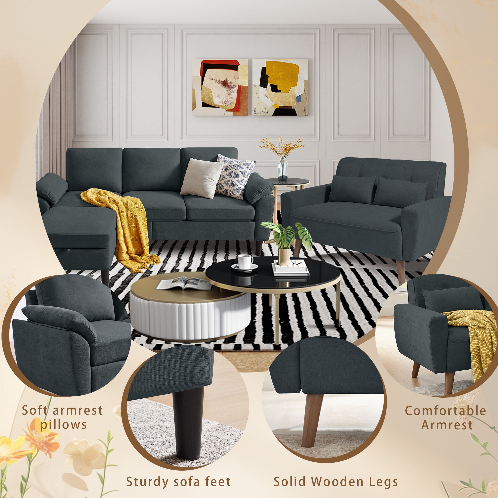 Jarenie Comfortable Modern Linen L Shaped Darkgrey Sectional Sofa Set
