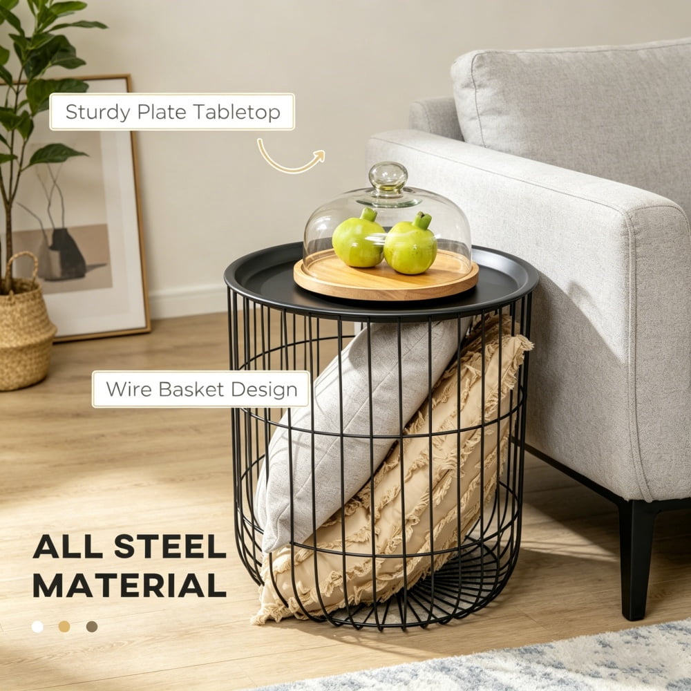 Nesting Side Table Set of 2, Bird-Cage Style Steel End Tables with Hidden Storage Space, Powder-Coated Frame, Space-Saving Accent Storage Tables, Black