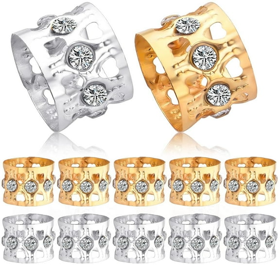 50pcs Rhinestone Dreadlocks Beads Alloy Hair Ring Decoration Braiding Hair Braid Cuff Clip Beard Hollow Heart Tube Beads Accessories for Women Men, Golden and Silver