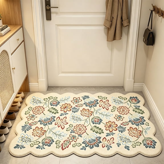 Vintage Floral Scalloped Anti-Fatigue Kitchen Mat, Non-Slip Absorbent 50x80cm Floor Rug for Entryway & Bathroom