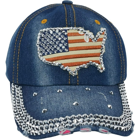 American Flag Hat Womens Distressed Rhinestone Patriotic Baseball Cap