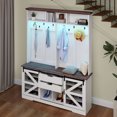 thumbnail image 2 of Uforic Hall Tree with Coat Rack & Shoe Storage Bench, Farmhouse Farmhouse Entryway Storage Organizer with LED Light, White, 2 of 9
