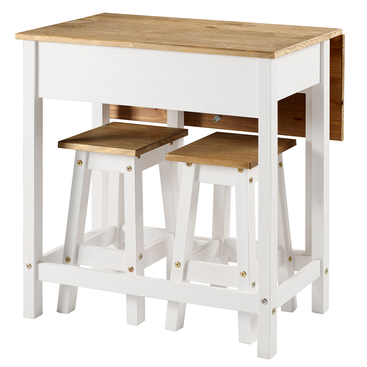 Wood Breakfast Set of Drop Leaf Table and 2 Stools Corona Snow