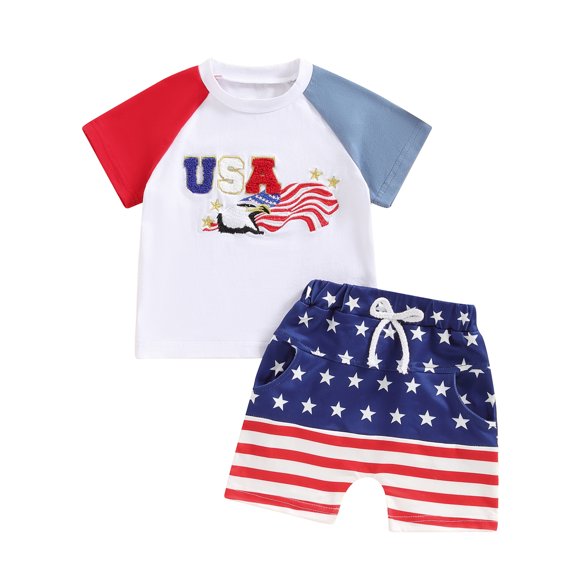 Okbabeha Toddler Boy 4th of July Outfit Letter Embroidery Short Sleeve Tops with StarStripe Shorts Fourth of July Clothes
