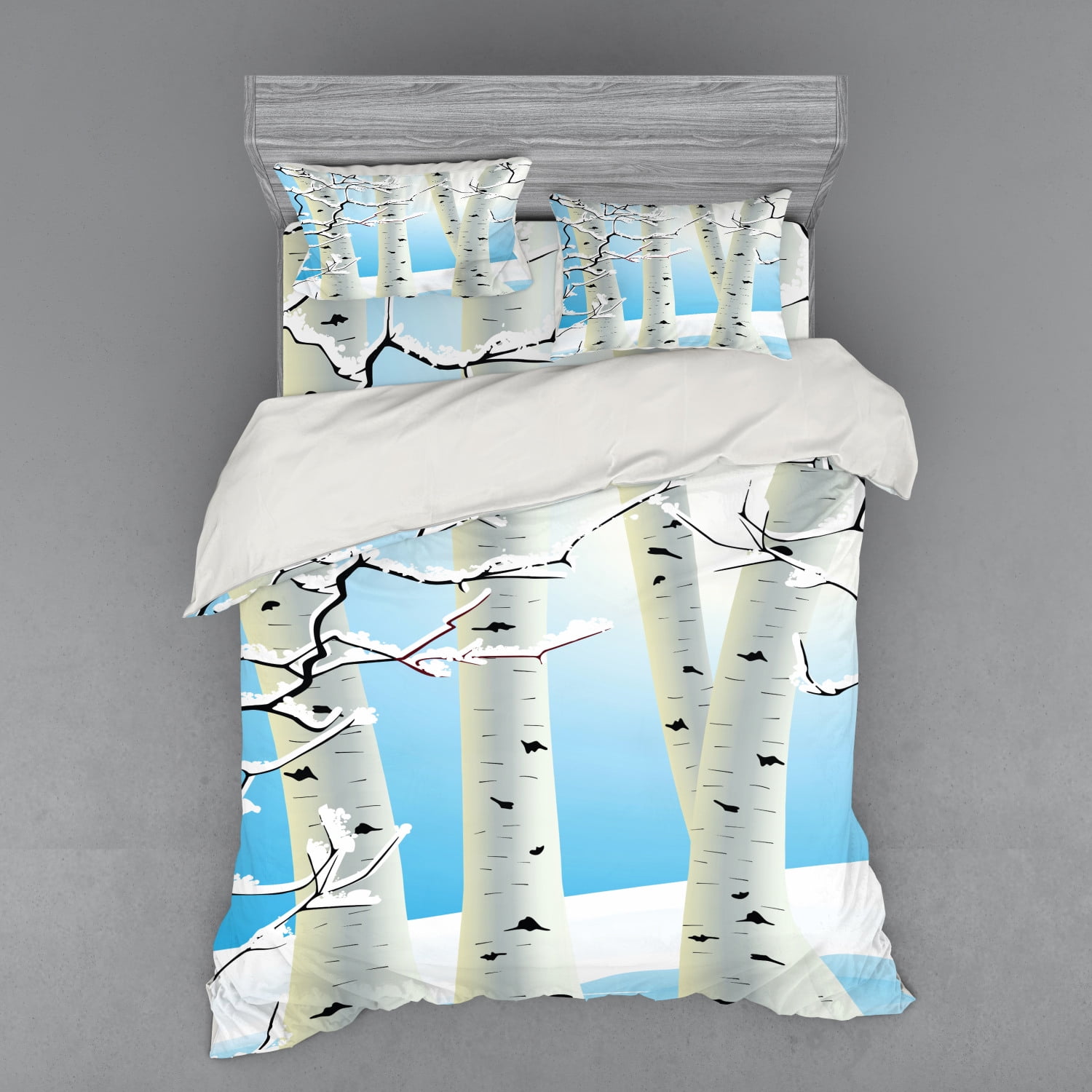Winter Duvet Cover Set, Snow Covered Birch Tree Seasonal Illustration