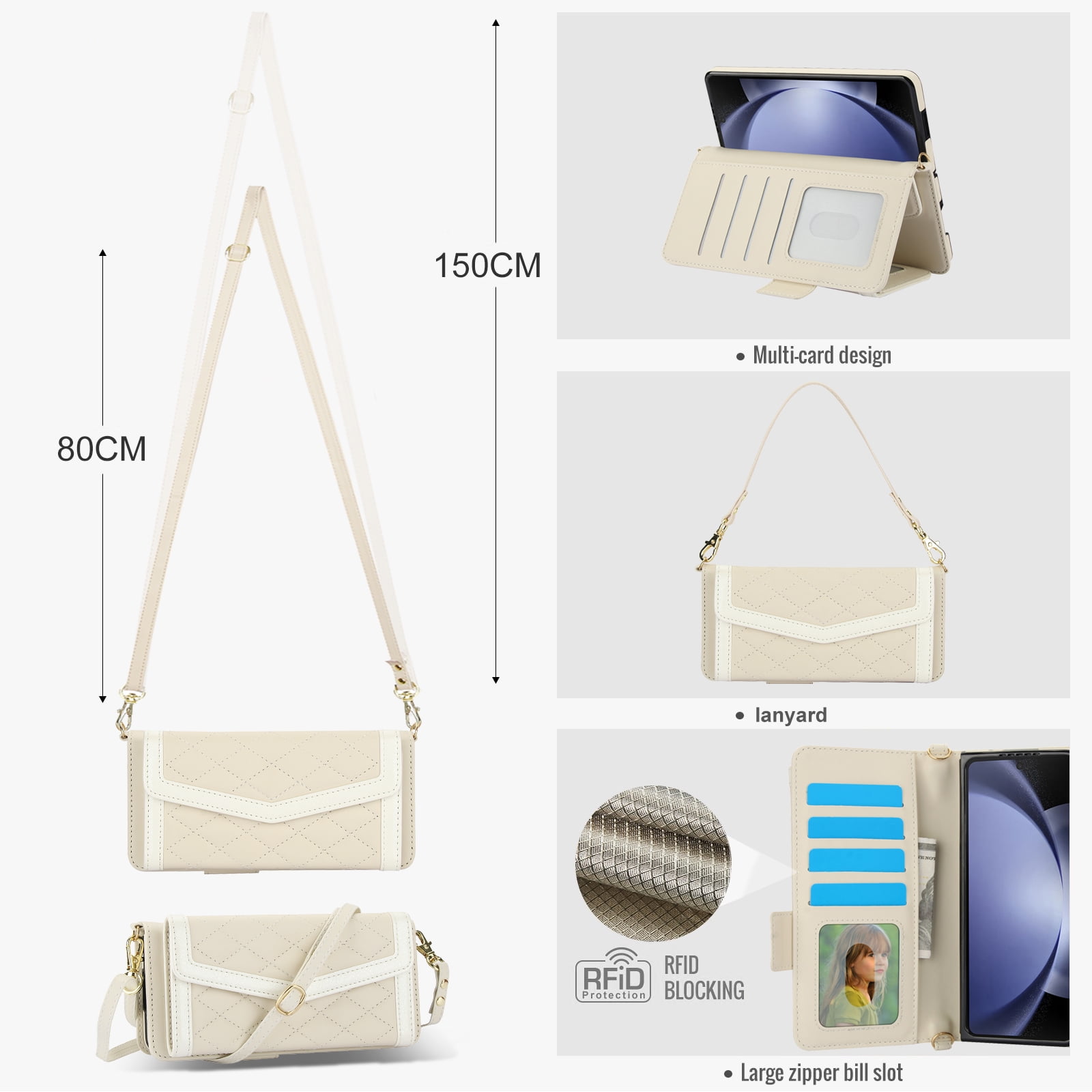 for Samsung Galaxy Z Fold 4 Case Wallet with S Pen Holder for Women, 12 Card Holder & 2 Cash Pocket & Shoulder Strap & Wristlet Flip Stand PU Leather Phone Case with RFID Blocking, Beige