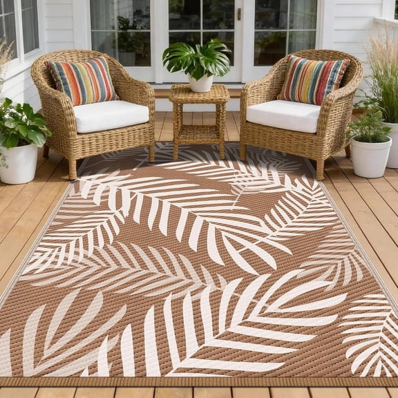 Kohree Outdoor Rug Waterproof 9x12, Reversible Outdoor Plastic Straw Rug with Leaf Pattern, Easy-Cleaning RV Mat Carpet for Patio, Porch, Camping, Balcony, Deck, Backyard, Brown & Beige