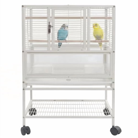 Small Bird Cage, 32" H Bird Carrier with Storage Shelves, White Travel Bird Cage for Parrot, Acrylic Parrot Carrier for Medium Small Bird