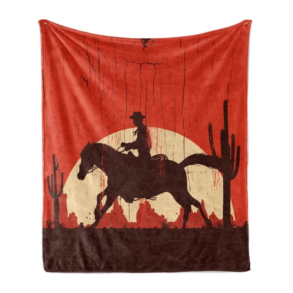 Western Horse Soft Flannel Fleece Throw Blanket, Grunge Graphic in Vintage Style of Horseback Riding Cowboy, Cozy Plush for Indoor and Outdoor Use, 50" x 70", Vermilion and Pale Peach, by Ambesonne