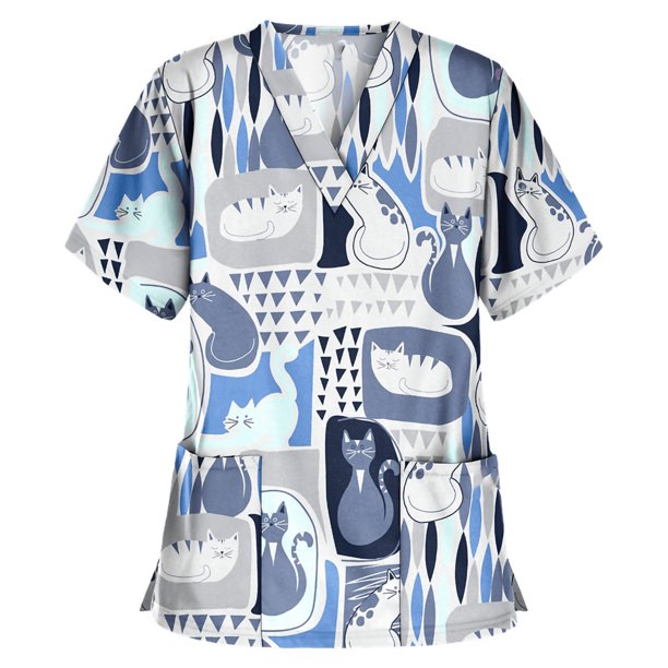 Puntoco Blusa de manga corta con cuello en V para mujer Uniforme de trabajo Blusa con estampado de dibujos animados Puntoco Puntoco-2705
