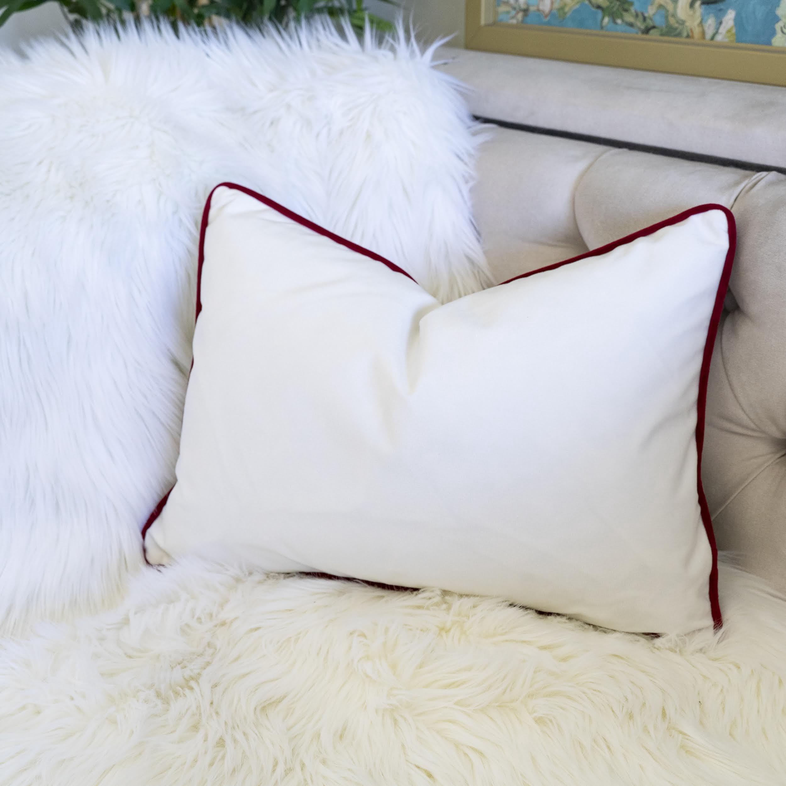 Joy Embroidered Velvet Throw Pillow with Gold Stitching Green Foliage 14x20 Inch Holiday Decor