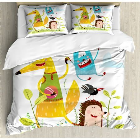 Kids Queen Size Duvet Cover Set, Fox Hedgehog Crow and Dog Skipping Rope in the Garden Best Friends Children Cartoon, Decorative 3 Piece Bedding Set with 2 Pillow Shams, Multicolor, by
