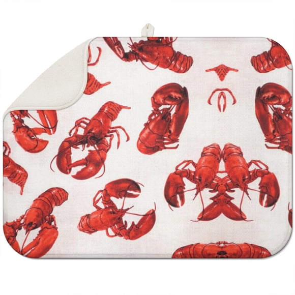 Vintage Blue Crustacean Seafood Drying Mat - Super Absorbent Reusable Kitchen Counter Mat, Foldable Space-Saving Dish Drainer Pad, 18"x24"