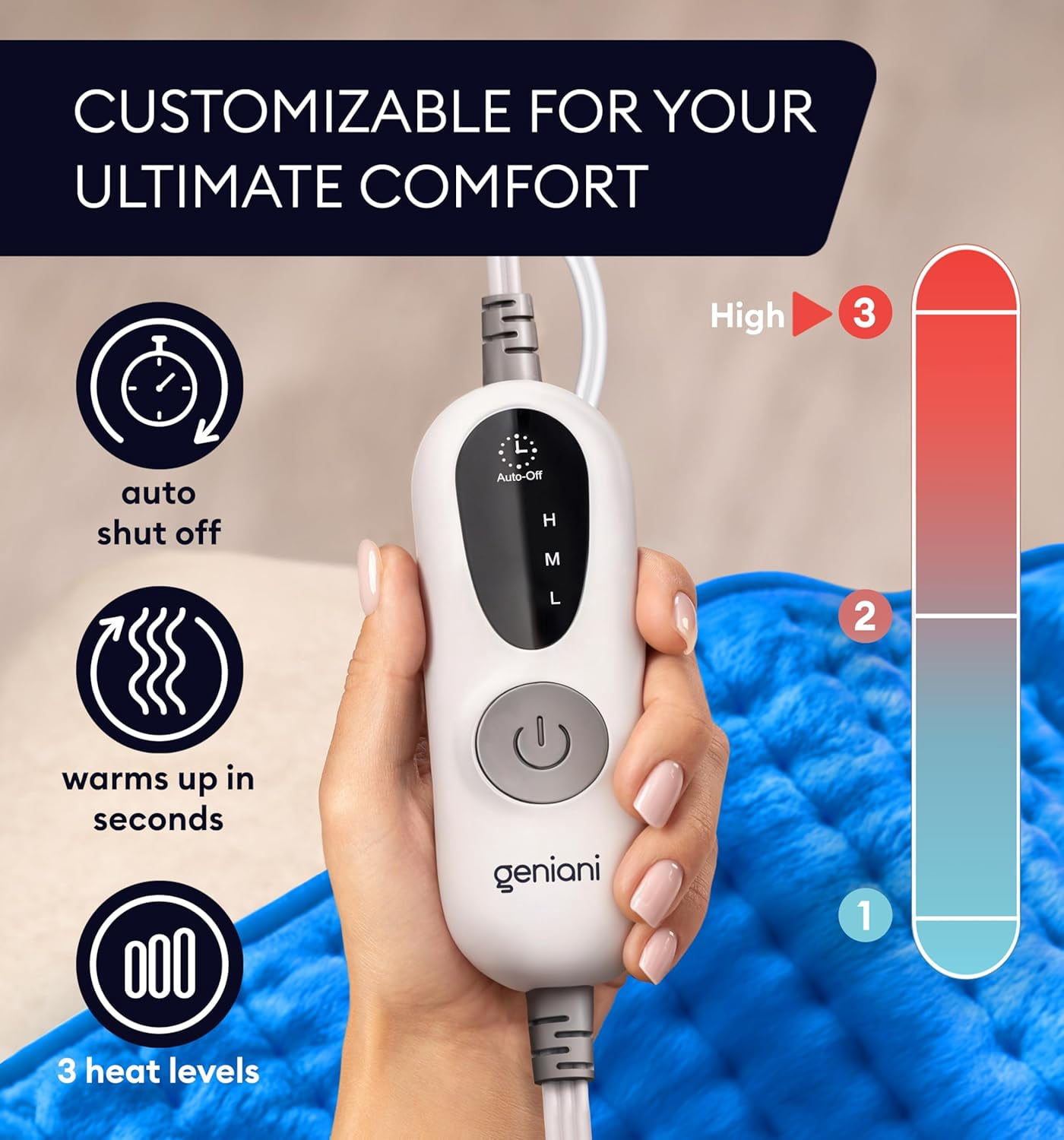 Geniani XL Double-Sided Electric Heating Pad for Back Pain & Cramps Relief – Heat Pad with 6 Heat Settings, Auto Shut Off, Ultra-Soft Machine Washable Fabric for Everyday Comfort (12"×24", Blue)