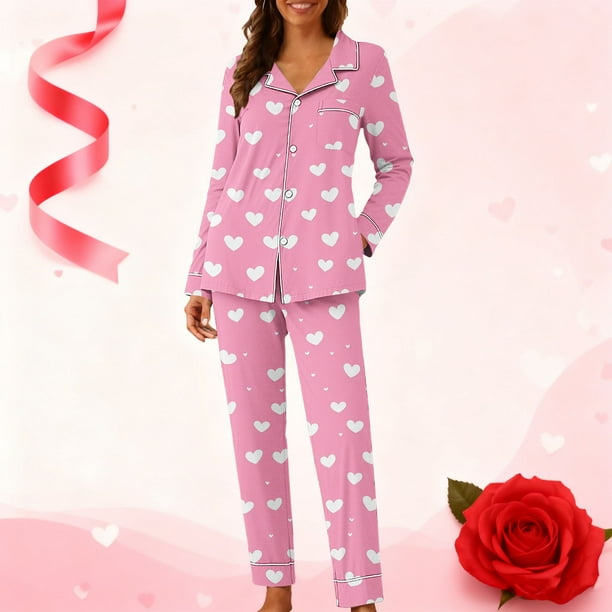 Pijama informal de manga larga con estampado para mujer, traje de pijama con solapa holgada y bolsillo con botones, top y pantalones de poliéster.