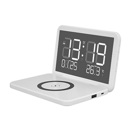 4 In 1 Wireless Charger Magnetic Wireless Charger USB Type C Charger with Digital Alarm Clock Temperature Monitoring 15W Fast Wireless Charger Night Multifunctional Wireless Charger White