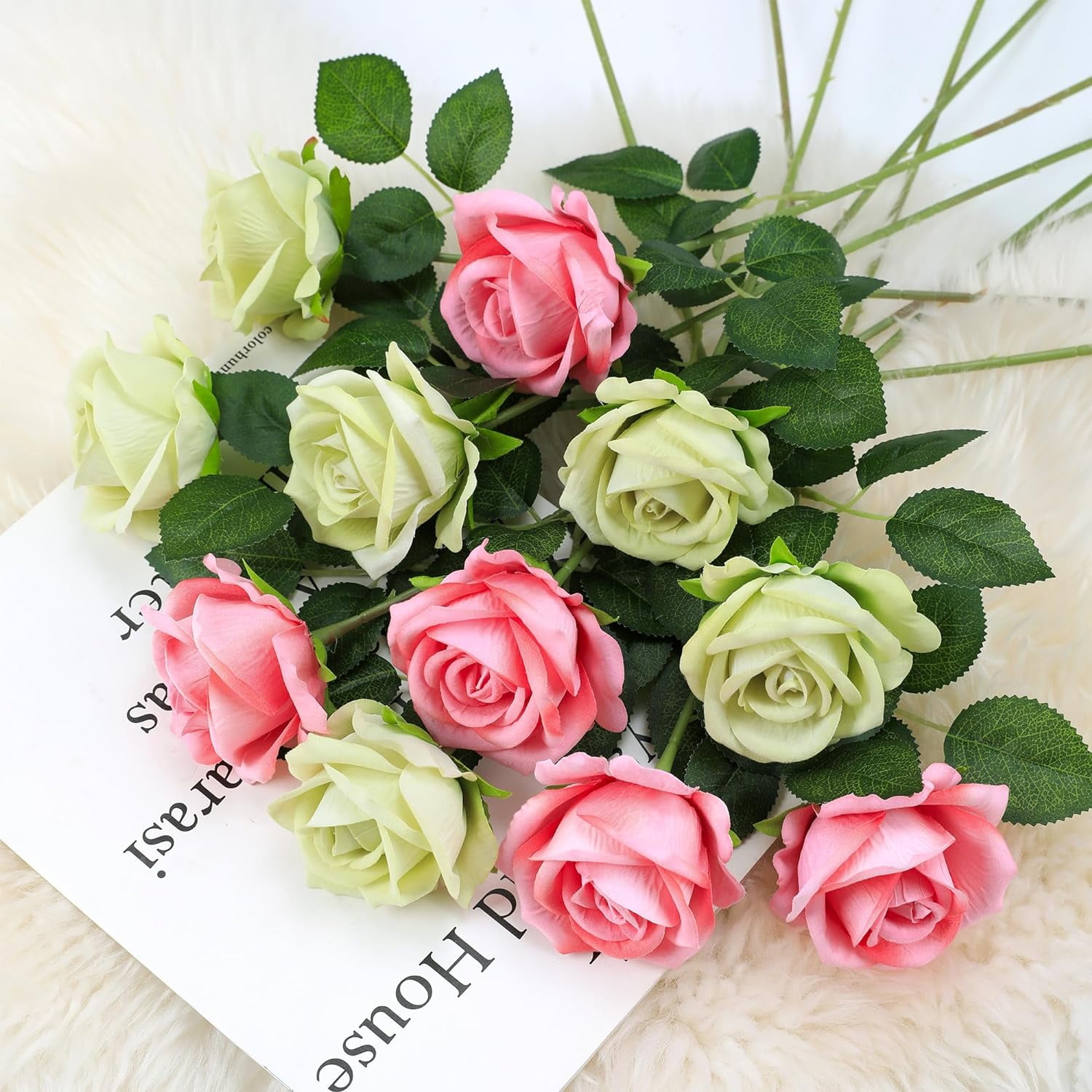 Fake Roses Artificial Silk Flowers - Green Roses Artificial Faux Flowers with Stems for Home Wedding Centerpiece Hotel Office Decor