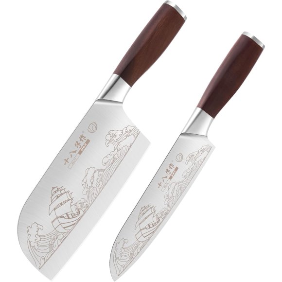 SHI BA ZI ZUO Ensemble de Couteaux, 2 Pcs Ensemble de Couteaux de Chef Professionnel, Couperet en Acier Inoxydable Couperet à Viande Couteau Santoku Couteau de Chef Japonais avec Manche Ergonomique