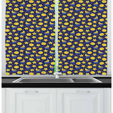 Navy And Orange Living Room Baby Curtains 2 Panels Set, Funny Night Sky Chipper Moons and Stars Sleeping Time Abstract Cartoon, Window Drapes for Living Room Bedroom, 55W X 39L Inches, Yellow Orange Navy Blue, by Ambesonne ()