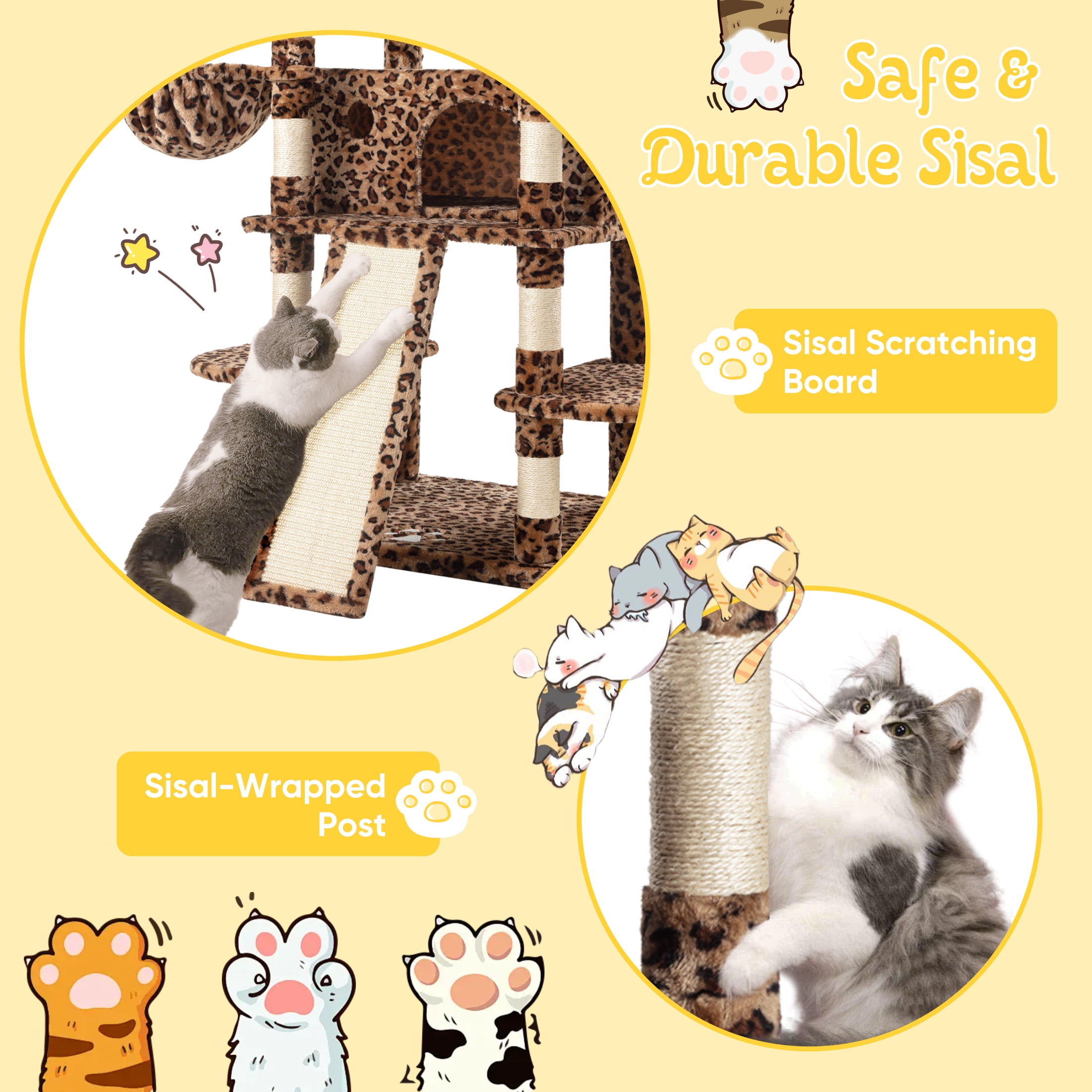 Sha Cerlin 68" X Large Cat Tree and Tower for Cats with Condo House, Sisal Scratching Board & Posts, Leopard Print